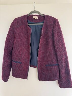 LOFT Plum Textured Bouclé Zip Jacket with Navy Trim